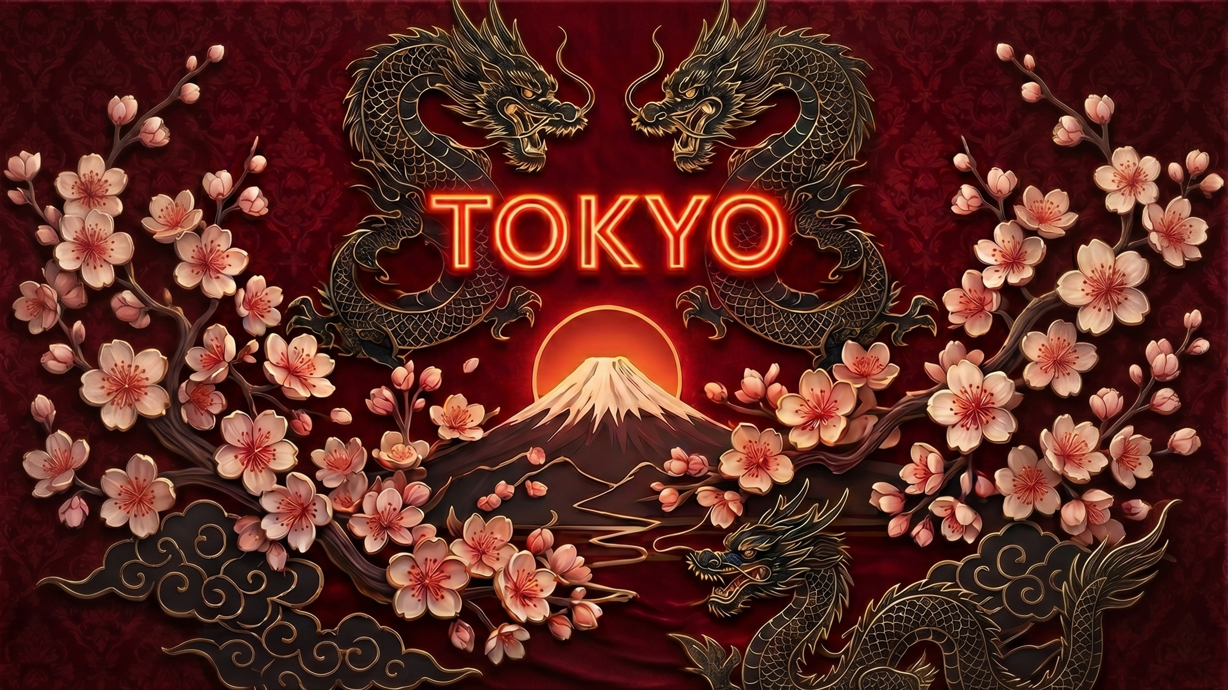 Tokyo poker room artwork with golden dragons and cherry blossoms