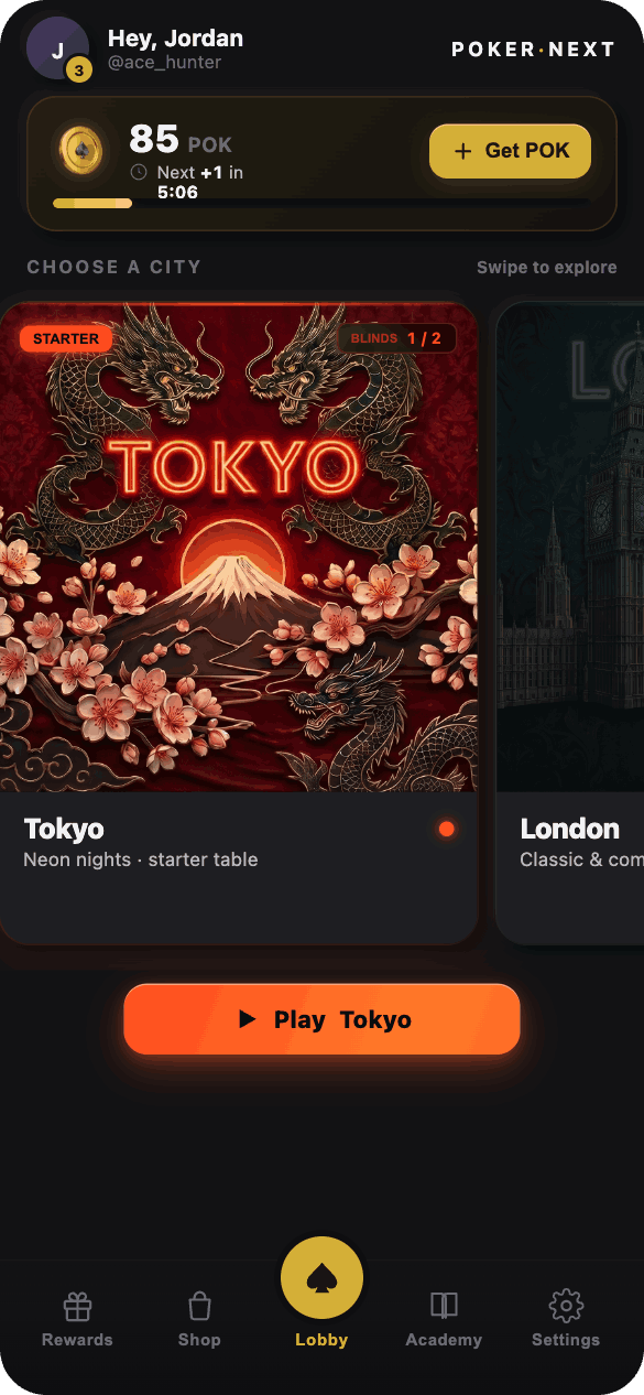 Poker Next city lobby screen showing the Tokyo room