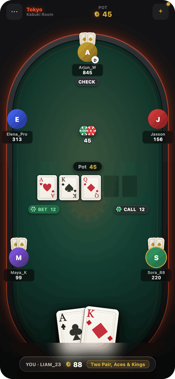 Poker Next 6-max game table with glowing neon rail